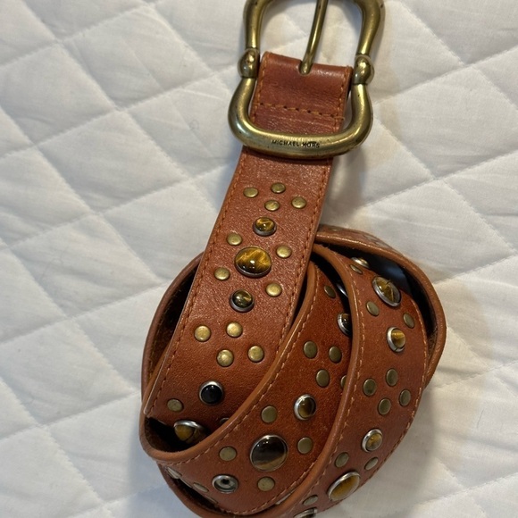 Michael Kors Brown Boho Wide Genuine Leather Beaded Studded Belt Buckle Size L - Picture 7 of 12